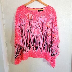 90s Bob Mackie Wearable Art Kimono Blouse Tulip Print Neon Pink Purple sz M/L